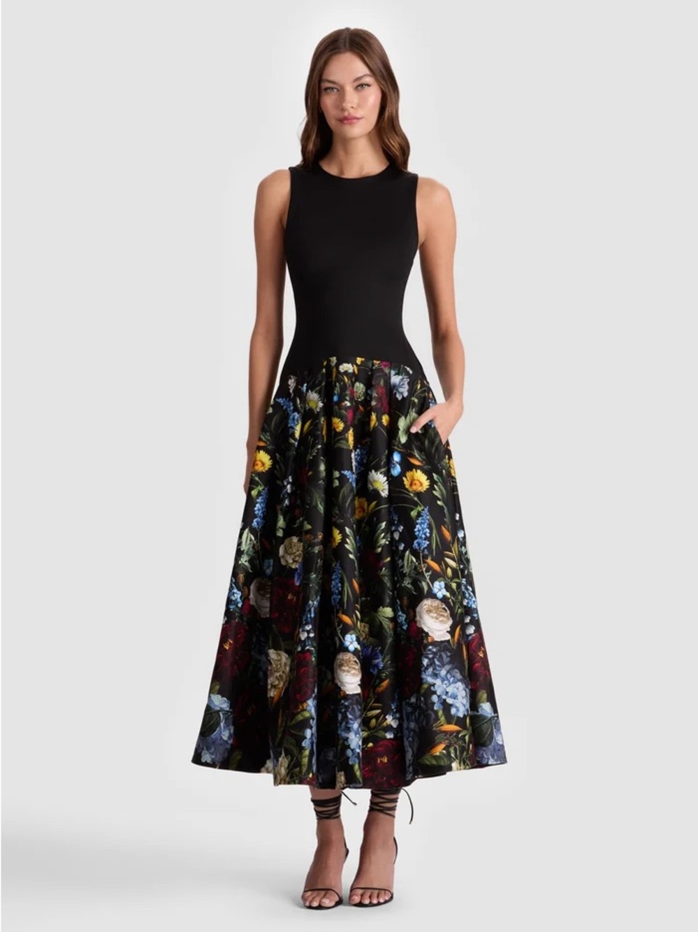 NWT Alice & Olivia Adley Drop Waist Black Floral Maxi Dress Gown Pockets size 14 - Picture 2 of 16